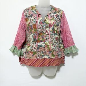 Somewhat Funky Boho Floral Patchwork Top Small Mixed Print Ruffle Hem